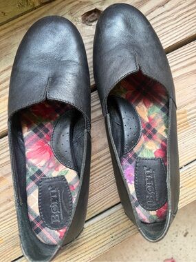 Born Black Leather Slip-On Flats with Floral Plaid Insole